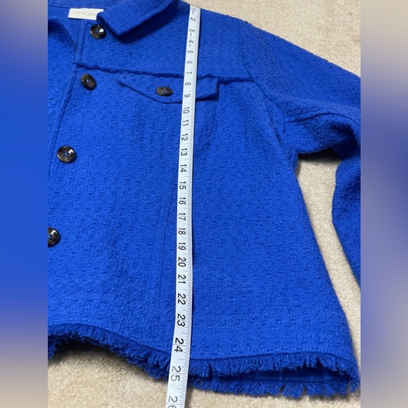 Chico's Jacket Size 3 Large 16/18 Blue Buttoned Front Raw Fringed Edge - Picture 3 of 7
